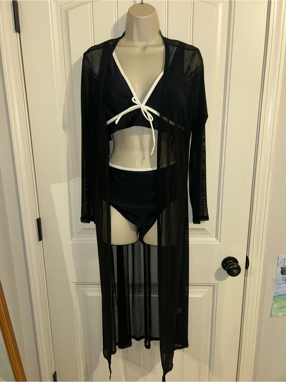 NWT Zaful 3-Piece Bikini & Sheer Swim Cover Set with White Trim Sz M